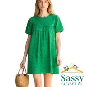 ANN TAYLOR Emerald Green Eyelet Cutout Dress 10P Petite Puff Sleeve Cotton EUC